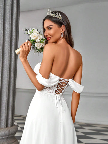 Elegant, Gorgeous And Romantic White Strapless One-Shoulder Luxury French Lace See-Through Herringbone Stitching Chiffon Ruffle Slits Large A-Line Hem And Tail Suitable For Weddings, Vacation Parties, Graduation Season Wedding Dresses