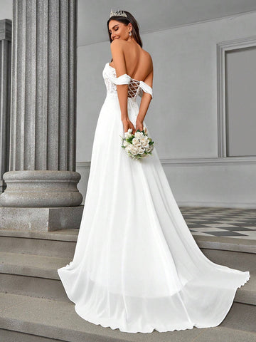 Elegant, Gorgeous And Romantic White Strapless One-Shoulder Luxury French Lace See-Through Herringbone Stitching Chiffon Ruffle Slits Large A-Line Hem And Tail Suitable For Weddings, Vacation Parties, Graduation Season Wedding Dresses