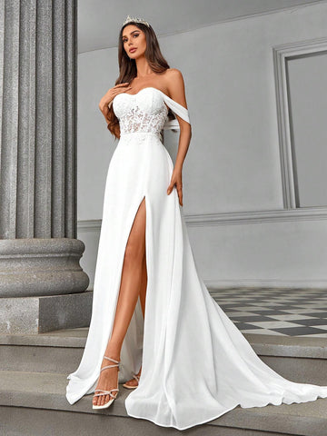 Elegant, Gorgeous And Romantic White Strapless One-Shoulder Luxury French Lace See-Through Herringbone Stitching Chiffon Ruffle Slits Large A-Line Hem And Tail Suitable For Weddings, Vacation Parties, Graduation Season Wedding Dresses