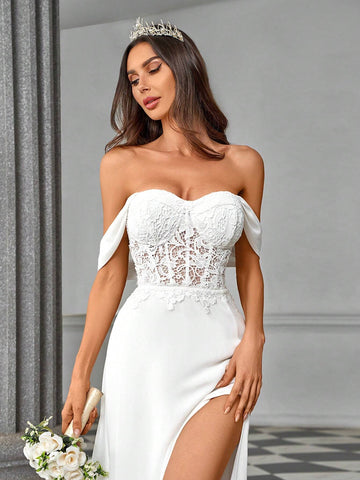 Elegant, Gorgeous And Romantic White Strapless One-Shoulder Luxury French Lace See-Through Herringbone Stitching Chiffon Ruffle Slits Large A-Line Hem And Tail Suitable For Weddings, Vacation Parties, Graduation Season Wedding Dresses