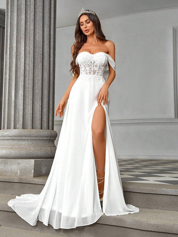Elegant, Gorgeous And Romantic White Strapless One-Shoulder Luxury French Lace See-Through Herringbone Stitching Chiffon Ruffle Slits Large A-Line Hem And Tail Suitable For Weddings, Vacation Parties, Graduation Season Wedding Dresses