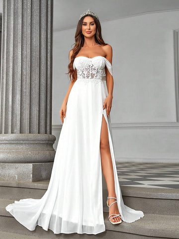 Elegant, Gorgeous And Romantic White Strapless One-Shoulder Luxury French Lace See-Through Herringbone Stitching Chiffon Ruffle Slits Large A-Line Hem And Tail Suitable For Weddings, Vacation Parties, Graduation Season Wedding Dresses