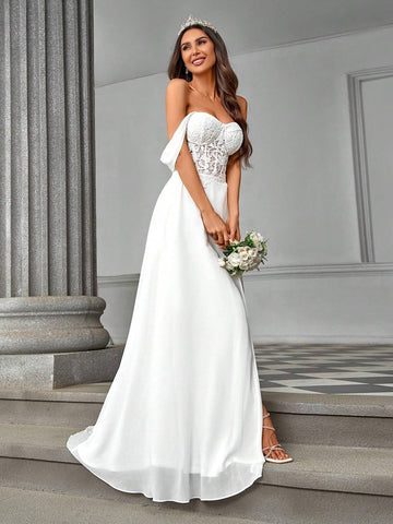 Elegant, Gorgeous And Romantic White Strapless One-Shoulder Luxury French Lace See-Through Herringbone Stitching Chiffon Ruffle Slits Large A-Line Hem And Tail Suitable For Weddings, Vacation Parties, Graduation Season Wedding Dresses