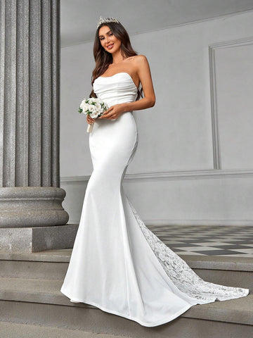 Elegant, Gorgeous And Romantic White Tube Top Stretch Knit Gathered Design Strapless Tight Fishtail Trailing Splicing Lace Suitable For Wedding Events Bachelor Party Vacation Graduation Season Wedding Dress