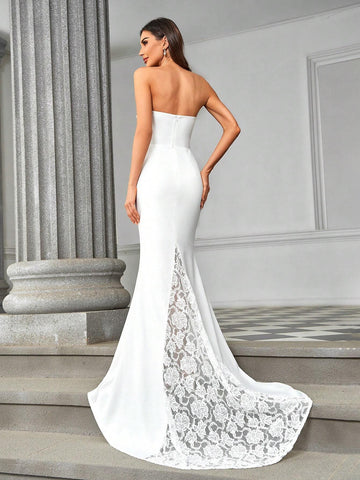 Elegant, Gorgeous And Romantic White Tube Top Stretch Knit Gathered Design Strapless Tight Fishtail Trailing Splicing Lace Suitable For Wedding Events Bachelor Party Vacation Graduation Season Wedding Dress