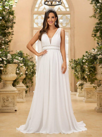 Elegant, Gorgeous And Romantic Women's White Chiffon Pleated Backless  Sequins, Hand-Beaded Decorative Strips, Suitable For Weddings, Festivals, Bachelor Parties, Graduation Ceremonies, Extra Large Tails Wedding Dress