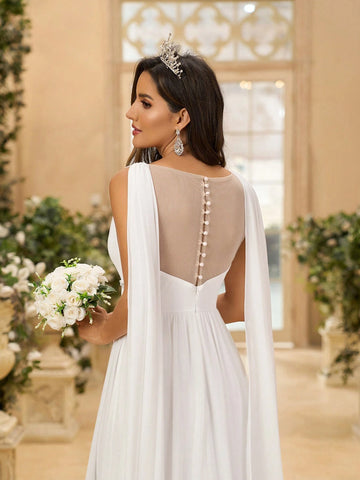 Elegant, Gorgeous And Romantic Women's White Chiffon Pleated Backless  Sequins, Hand-Beaded Decorative Strips, Suitable For Weddings, Festivals, Bachelor Parties, Graduation Ceremonies, Extra Large Tails Wedding Dress