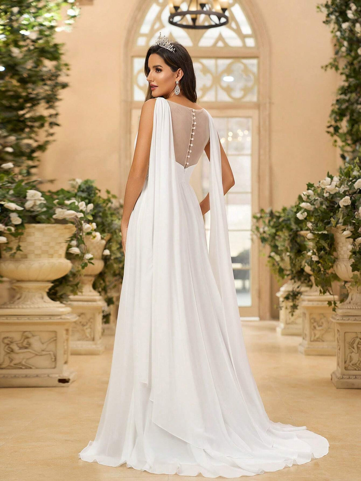 Elegant, Gorgeous And Romantic Women's White Chiffon Pleated Backless  Sequins, Hand-Beaded Decorative Strips, Suitable For Weddings, Festivals, Bachelor Parties, Graduation Ceremonies, Extra Large Tails Wedding Dress