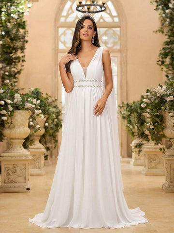 Elegant, Gorgeous And Romantic Women's White Chiffon Pleated Backless  Sequins, Hand-Beaded Decorative Strips, Suitable For Weddings, Festivals, Bachelor Parties, Graduation Ceremonies, Extra Large Tails Wedding Dress