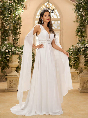 Elegant, Gorgeous And Romantic Women's White Chiffon Pleated Backless  Sequins, Hand-Beaded Decorative Strips, Suitable For Weddings, Festivals, Bachelor Parties, Graduation Ceremonies, Extra Large Tails Wedding Dress