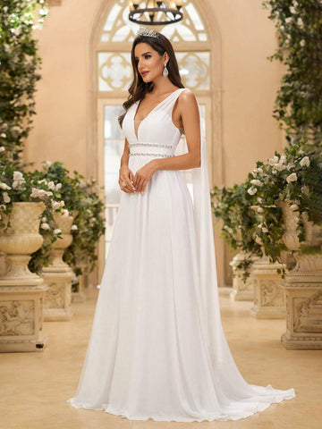 Elegant, Gorgeous And Romantic Women's White Chiffon Pleated Backless  Sequins, Hand-Beaded Decorative Strips, Suitable For Weddings, Festivals, Bachelor Parties, Graduation Ceremonies, Extra Large Tails Wedding Dress