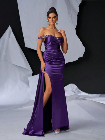 Elegant, Gorgeous And Sexy Dark Purple One-Shoulder Beaded Embroidery Prom Dinner Evening Dress (Heavyweight) Industry ) Payment)