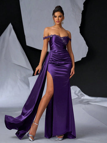 Elegant, Gorgeous And Sexy Dark Purple One-Shoulder Beaded Embroidery Prom Dinner Evening Dress (Heavyweight) Industry ) Payment)