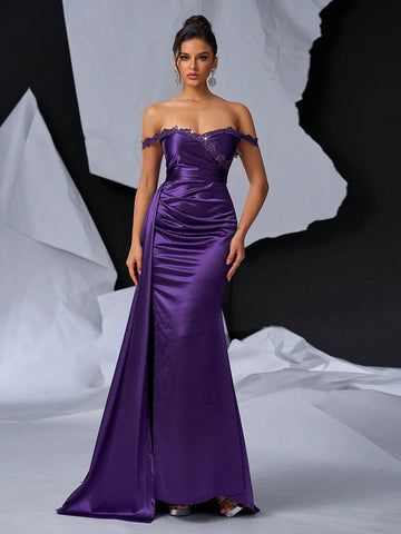 Elegant, Gorgeous And Sexy Dark Purple One-Shoulder Beaded Embroidery Prom Dinner Evening Dress (Heavyweight) Industry ) Payment)
