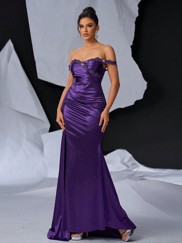 Elegant, Gorgeous And Sexy Dark Purple One-Shoulder Beaded Embroidery Prom Dinner Evening Dress (Heavyweight) Industry ) Payment)