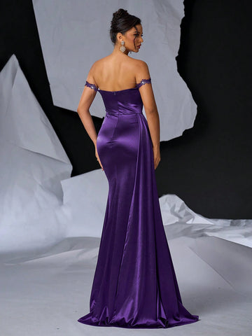 Elegant, Gorgeous And Sexy Dark Purple One-Shoulder Beaded Embroidery Prom Dinner Evening Dress (Heavyweight) Industry ) Payment)