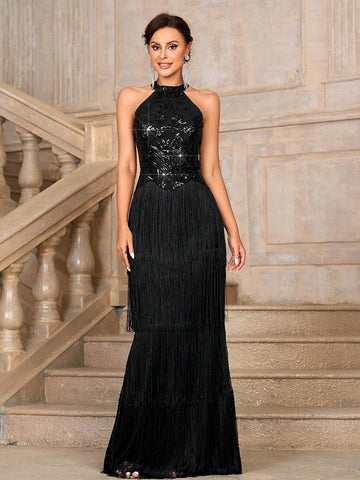 Elegant Gorgeous Cute Black Beaded Flower Sequin Patchwork Tassel Backless Sexy Straps And Train Skirt, Heavy Industry Dinner Dress