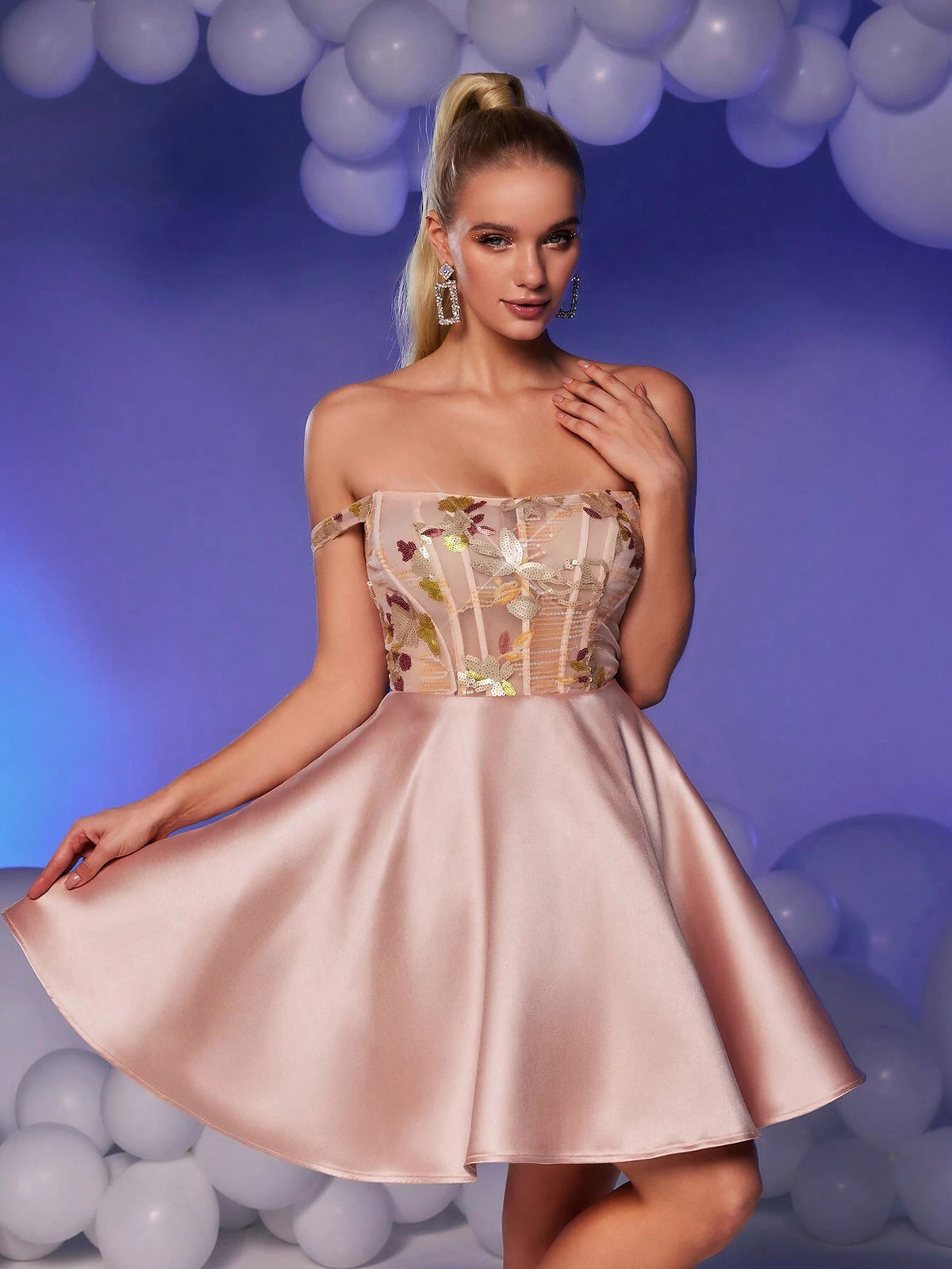 Elegant Gorgeous Cute Lotus Pink Off-Shoulder Bustier Dress With Boned Corseted Waist, Luxurious Floral Sequin & Satin Pleated Mini Dress For Graduation Party, Vacation, Bachelorette Events