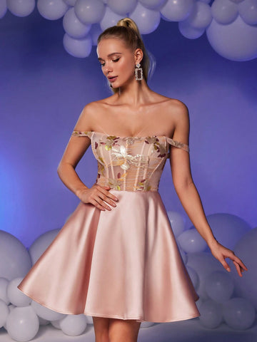 Elegant Gorgeous Cute Lotus Pink Off-Shoulder Bustier Dress With Boned Corseted Waist, Luxurious Floral Sequin & Satin Pleated Mini Dress For Graduation Party, Vacation, Bachelorette Events