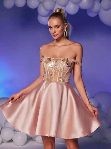 Elegant Gorgeous Cute Lotus Pink Off-Shoulder Bustier Dress With Boned Corseted Waist, Luxurious Floral Sequin & Satin Pleated Mini Dress For Graduation Party, Vacation, Bachelorette Events