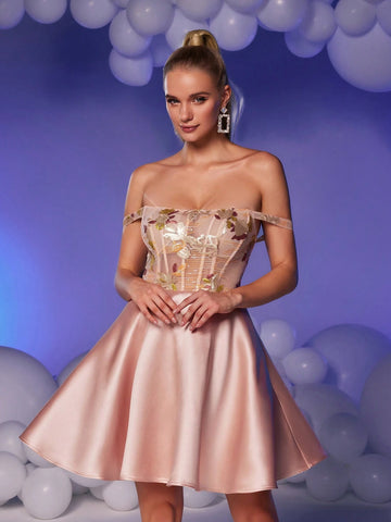 Elegant Gorgeous Cute Lotus Pink Off-Shoulder Bustier Dress With Boned Corseted Waist, Luxurious Floral Sequin & Satin Pleated Mini Dress For Graduation Party, Vacation, Bachelorette Events