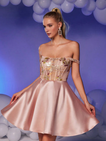 Elegant Gorgeous Cute Lotus Pink Off-Shoulder Bustier Dress With Boned Corseted Waist, Luxurious Floral Sequin & Satin Pleated Mini Dress For Graduation Party, Vacation, Bachelorette Events