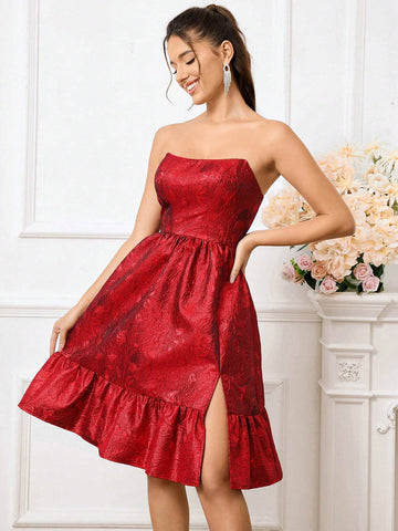 Elegant Gorgeous Cute Red Jacquard Satin Slit A Line Bubble Strapless Suitable For Wedding Holiday Reception Friends Party Ramadan Cocktail Party Dress Evening Gown