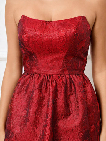 Elegant Gorgeous Cute Red Jacquard Satin Slit A Line Bubble Strapless Suitable For Wedding Holiday Reception Friends Party Ramadan Cocktail Party Dress Evening Gown