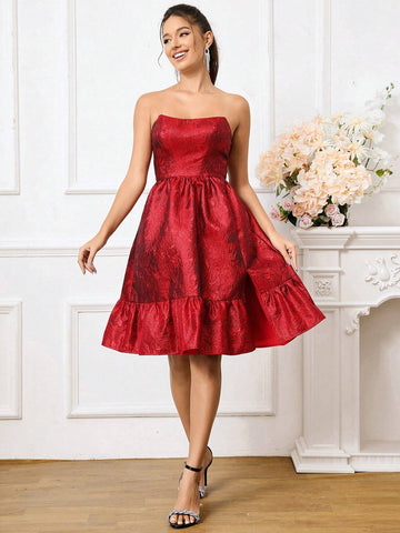 Elegant Gorgeous Cute Red Jacquard Satin Slit A Line Bubble Strapless Suitable For Wedding Holiday Reception Friends Party Ramadan Cocktail Party Dress Evening Gown