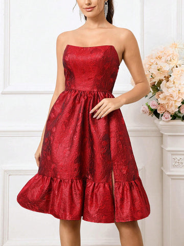 Elegant Gorgeous Cute Red Jacquard Satin Slit A Line Bubble Strapless Suitable For Wedding Holiday Reception Friends Party Ramadan Cocktail Party Dress Evening Gown
