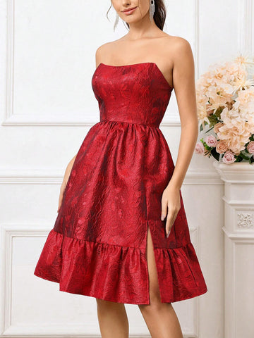 Elegant Gorgeous Cute Red Jacquard Satin Slit A Line Bubble Strapless Suitable For Wedding Holiday Reception Friends Party Ramadan Cocktail Party Dress Evening Gown