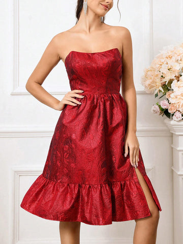 Elegant Gorgeous Cute Red Jacquard Satin Slit A Line Bubble Strapless Suitable For Wedding Holiday Reception Friends Party Ramadan Cocktail Party Dress Evening Gown