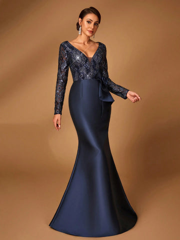 Elegant Gorgeous Dark Blue Luxurious Sequined Mesh Embroidered Patchwork Satin Sweetheart Neck Long Sleeve Slim Fit Mermaid For Mom Attending Wedding Event Evening Party Prom Evening Dress Mother Of The Bride Dress