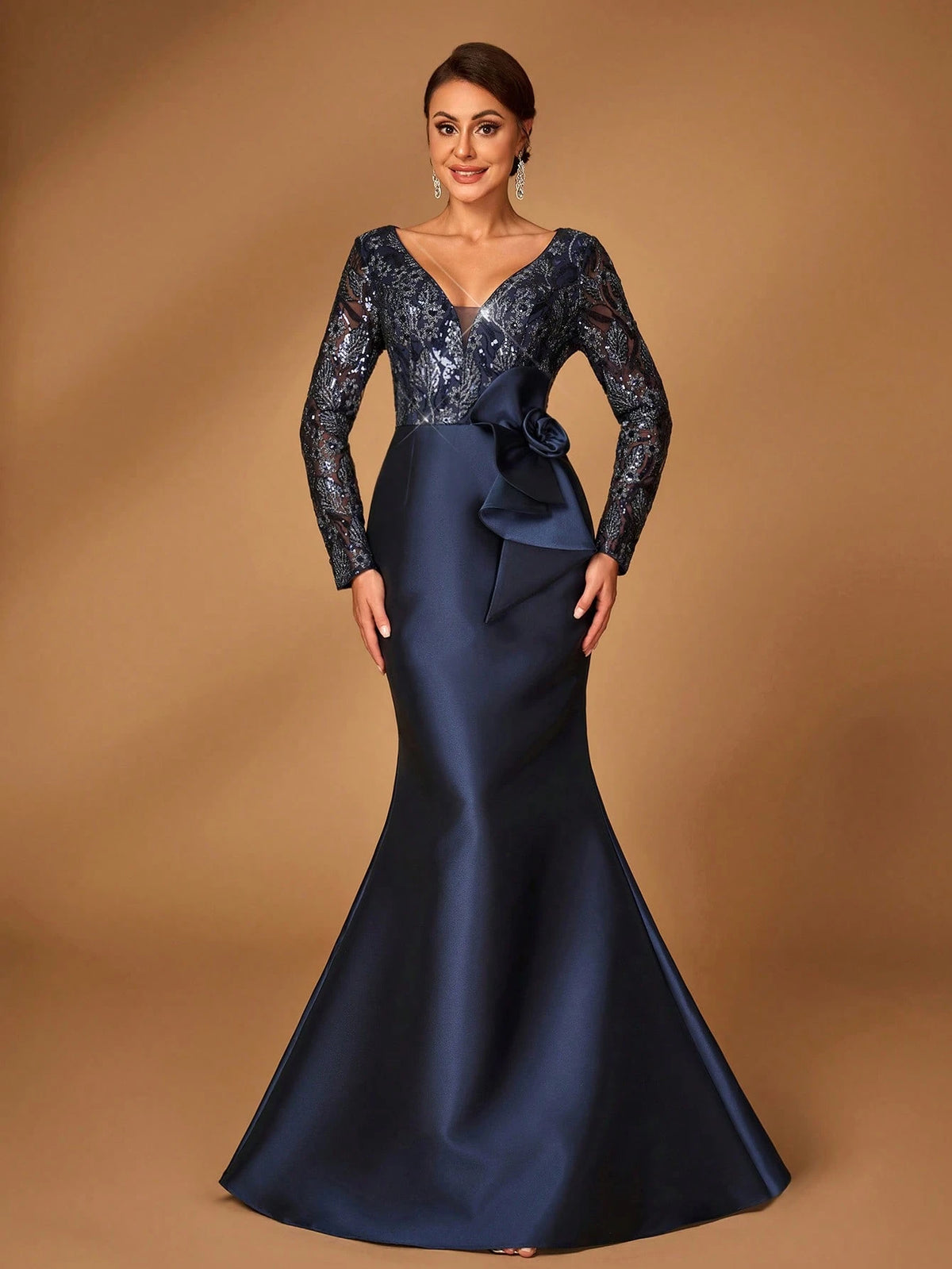 Elegant Gorgeous Dark Blue Luxurious Sequined Mesh Embroidered Patchwork Satin Sweetheart Neck Long Sleeve Slim Fit Mermaid For Mom Attending Wedding Event Evening Party Prom Evening Dress Mother Of The Bride Dress