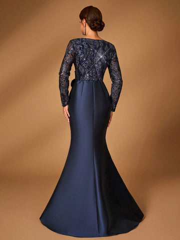 Elegant Gorgeous Dark Blue Luxurious Sequined Mesh Embroidered Patchwork Satin Sweetheart Neck Long Sleeve Slim Fit Mermaid For Mom Attending Wedding Event Evening Party Prom Evening Dress Mother Of The Bride Dress