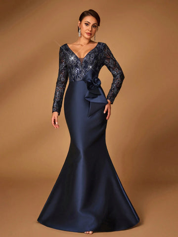 Elegant Gorgeous Dark Blue Luxurious Sequined Mesh Embroidered Patchwork Satin Sweetheart Neck Long Sleeve Slim Fit Mermaid For Mom Attending Wedding Event Evening Party Prom Evening Dress Mother Of The Bride Dress