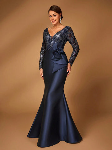 Elegant Gorgeous Dark Blue Luxurious Sequined Mesh Embroidered Patchwork Satin Sweetheart Neck Long Sleeve Slim Fit Mermaid For Mom Attending Wedding Event Evening Party Prom Evening Dress Mother Of The Bride Dress