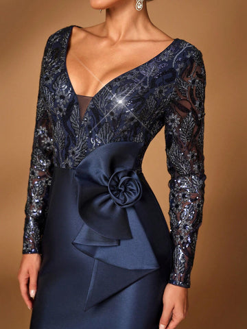 Elegant Gorgeous Dark Blue Luxurious Sequined Mesh Embroidered Patchwork Satin Sweetheart Neck Long Sleeve Slim Fit Mermaid For Mom Attending Wedding Event Evening Party Prom Evening Dress Mother Of The Bride Dress