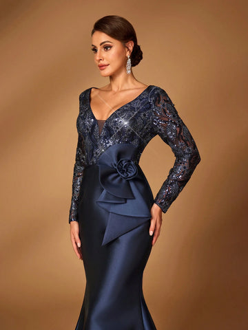 Elegant Gorgeous Dark Blue Luxurious Sequined Mesh Embroidered Patchwork Satin Sweetheart Neck Long Sleeve Slim Fit Mermaid For Mom Attending Wedding Event Evening Party Prom Evening Dress Mother Of The Bride Dress