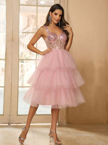 Elegant, Gorgeous, Exquisite, Cute And Charming, Fashionable And Popular Women's  Big Swing Fluffy Princess Style Mid-Length Dress ,  Graduation, Homecoming Party, Tea Party, Date, Cocktail Party