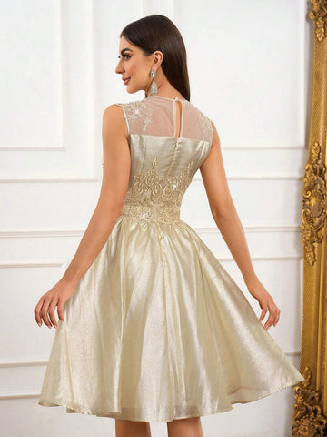 Elegant, Gorgeous, Luxurious And Fashionable, Champagne-Colored Shiny Woven Umbrella Hem Length To The Knee, Suitable For Graduation Ceremonies, Parties, Cocktail Parties And Other Occasions