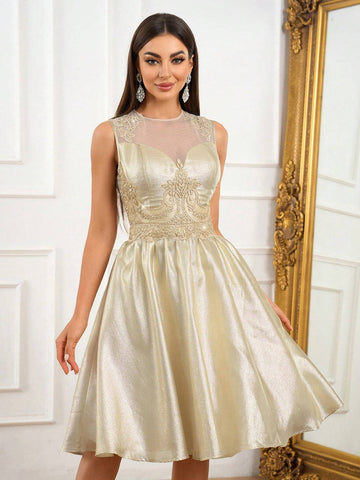 Elegant, Gorgeous, Luxurious And Fashionable, Champagne-Colored Shiny Woven Umbrella Hem Length To The Knee, Suitable For Graduation Ceremonies, Parties, Cocktail Parties And Other Occasions