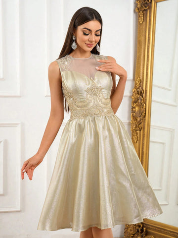 Elegant, Gorgeous, Luxurious And Fashionable, Champagne-Colored Shiny Woven Umbrella Hem Length To The Knee, Suitable For Graduation Ceremonies, Parties, Cocktail Parties And Other Occasions