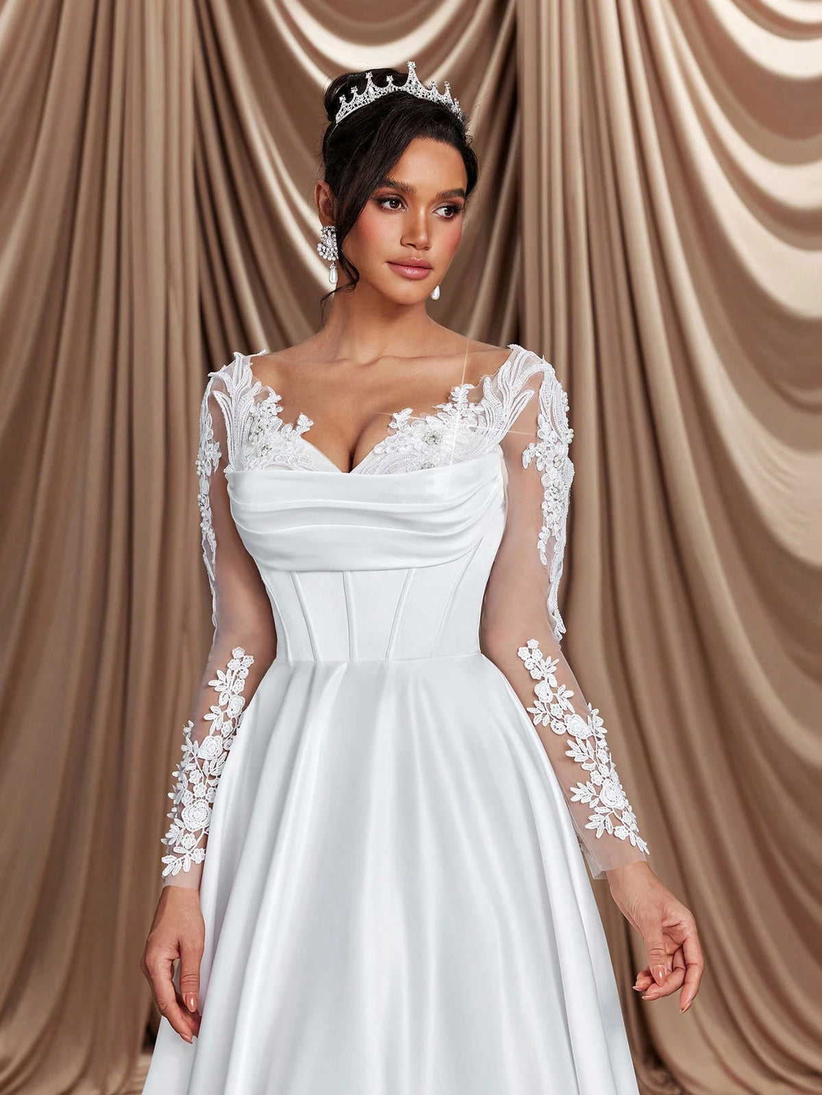 Elegant Gorgeous Luxurious Beige Sheer Long Sleeve Crystal And Pearl Embroidered Lace Appliqué Satin Large A Hem Ruffle Trim And Detachable Train Suitable For Weddings, Parties, Holidays, Bridal Wedding Dresses