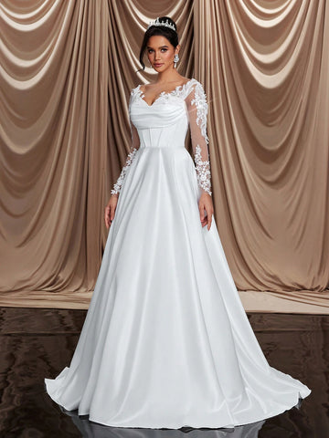 Elegant Gorgeous Luxurious Beige Sheer Long Sleeve Crystal And Pearl Embroidered Lace Appliqué Satin Large A Hem Ruffle Trim And Detachable Train Suitable For Weddings, Parties, Holidays, Bridal Wedding Dresses