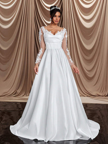 Elegant Gorgeous Luxurious Beige Sheer Long Sleeve Crystal And Pearl Embroidered Lace Appliqué Satin Large A Hem Ruffle Trim And Detachable Train Suitable For Weddings, Parties, Holidays, Bridal Wedding Dresses