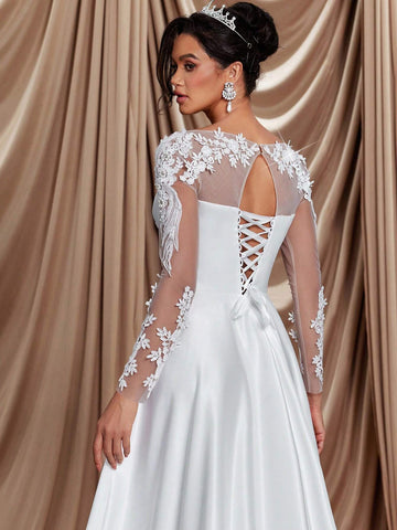 Elegant Gorgeous Luxurious Beige Sheer Long Sleeve Crystal And Pearl Embroidered Lace Appliqué Satin Large A Hem Ruffle Trim And Detachable Train Suitable For Weddings, Parties, Holidays, Bridal Wedding Dresses