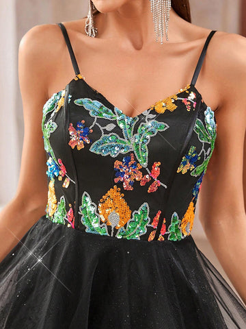 Elegant, Gorgeous, Luxurious, Sexy, Stylish Women Classic Black Sequin Patchwork Back-To-School Season, Graduation Season, Dance Party, Afternoon Tea, Date, Gathering, Cocktail Party, Dress