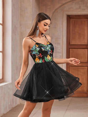 Elegant, Gorgeous, Luxurious, Sexy, Stylish Women Classic Black Sequin Patchwork Back-To-School Season, Graduation Season, Dance Party, Afternoon Tea, Date, Gathering, Cocktail Party, Dress