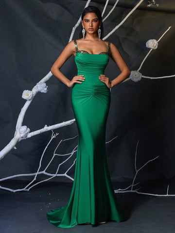 Elegant Gorgeous Luxurious Green Beads And Sequins Patchwork Stretch Knit Swimsuit Fabric Gathered Skinny Mermaid Tail Dress For Wedding Bachelorette Party Vacation Prom Dinner Dress Formal Event (Heavy Work Style)